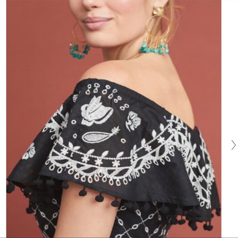Anthropologie Marisol Off-The-Shoulder Embroidered Midi Dress Sz 10 Black NWT
